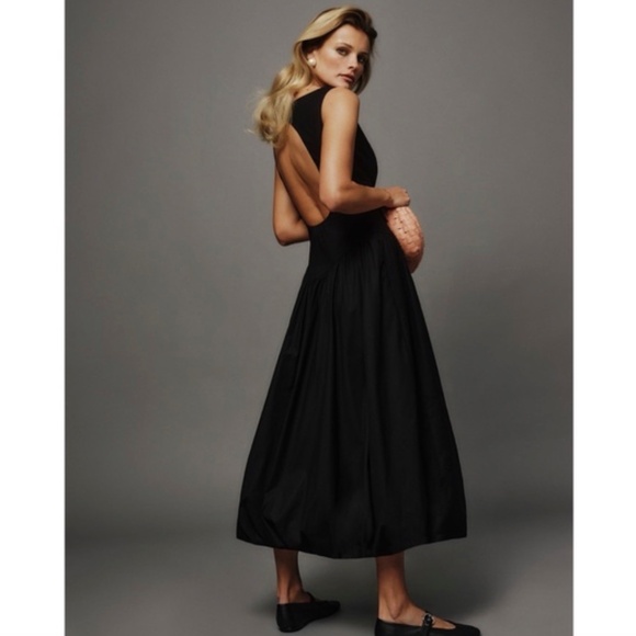 ANTHROPOLOGIE REFORMATION ELVIRA OPEN BACK MIDI DRESS BLACK ORGANIC COTTON 6 NWT - Picture 2 of 13